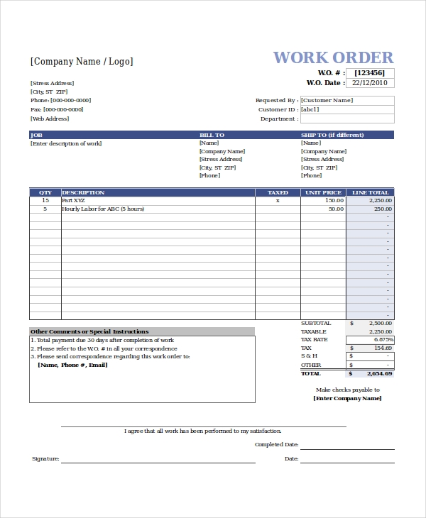 Free Templates For Work Orders